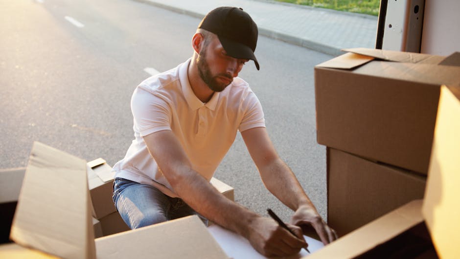 A man with a serious expression, wearing a black cap and a white polo shirt, stands with arms crossed inside the back of a moving van filled with tightly stacked cardboard boxes of various sizes. The boxes are securely packed and wrapped with plastic for protection during a house removal. The van's interior is well-lit, and the open rear doors reveal a clear pathway for loading and unloading furniture and packaging materials. The scene illustrates a professional furniture transport process as part of home relocation, with the man overseeing the packing and loading process. Man and Van Brentford’s services involve careful packing, transport, and handling of household items, ensuring efficient and safe house removals.